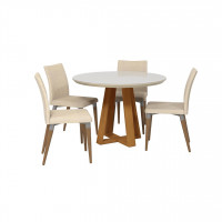 Manhattan Comfort 2-10185511011452 Duffy 45.27 Modern Round Dining Table and Charles Dining Chairs in Off White and Dark Beige - Set of 5